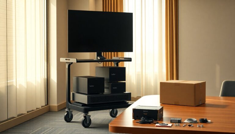 Versatile rolling cart for Logitech Rally Bar, Rally Bar Mini, and Rally Bar Huddle