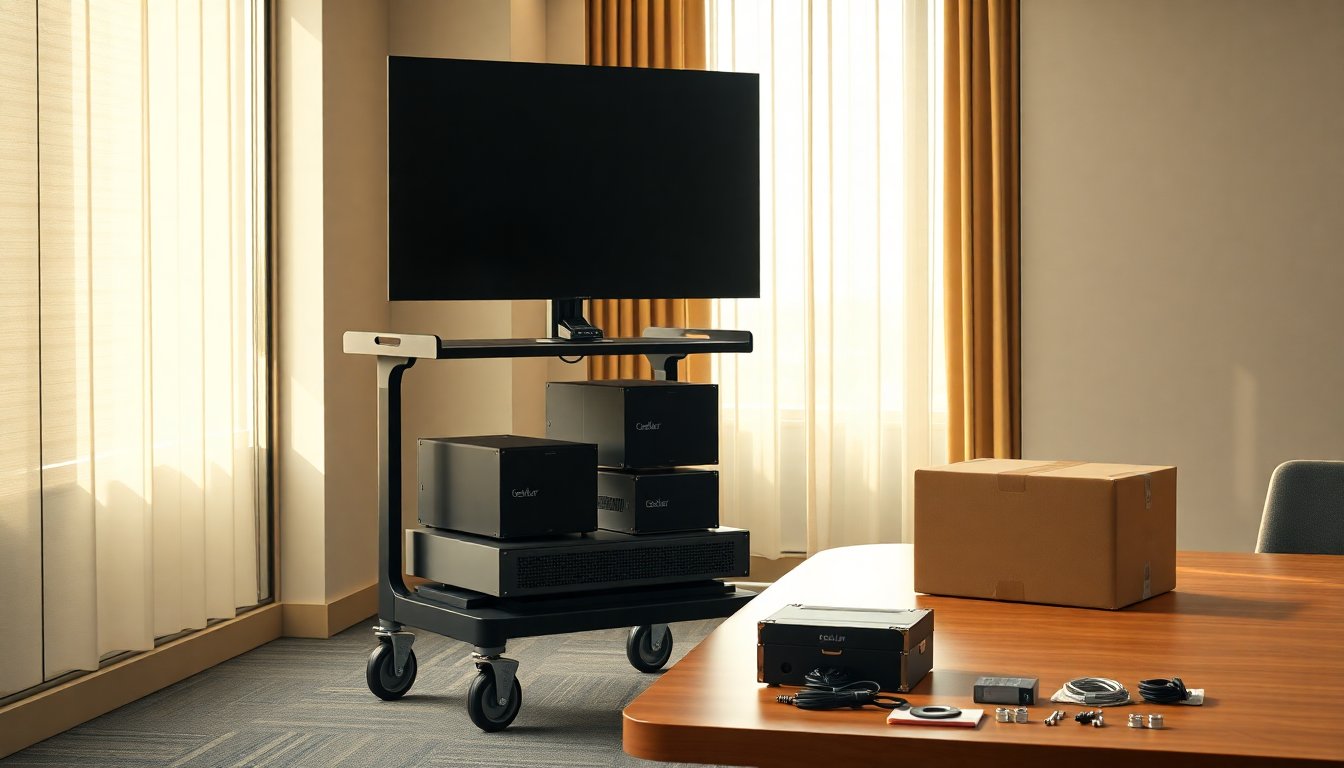 Versatile rolling cart for Logitech Rally Bar, Rally Bar Mini, and Rally Bar Huddle